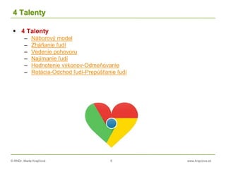 © RNDr. Marta Krajčíová 6 www.krajciova.sk
4 Talenty
 4 Talenty
– Náborový model
– Zháňanie ľudí
– Vedenie pohovoru
– Najímanie ľudí
– Hodnotenie výkonov-Odmeňovanie
– Rotácia-Odchod ľudí-Prepúšťanie ľudí
 