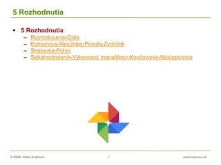 © RNDr. Marta Krajčíová 7 www.krajciova.sk
5 Rozhodnutia
 5 Rozhodnutia
– Rozhodovanie-Dáta
– Konsenzus-Nesúhlas-Pravda-Zvonček
– Stretnutia-Právo
– Sebahodnotenie-Výkonnosť manažérov-Koučovanie-Nástupníctvo
 