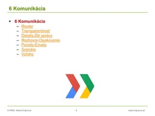 © RNDr. Marta Krajčíová 8 www.krajciova.sk
6 Komunikácia
 6 Komunikácia
– Router
– Transparentnosť
– Detaily-Zlé správy
– Rozhovor-Opakovanie
– Porady-Emaily
– Scenáre
– Vzťahy
 