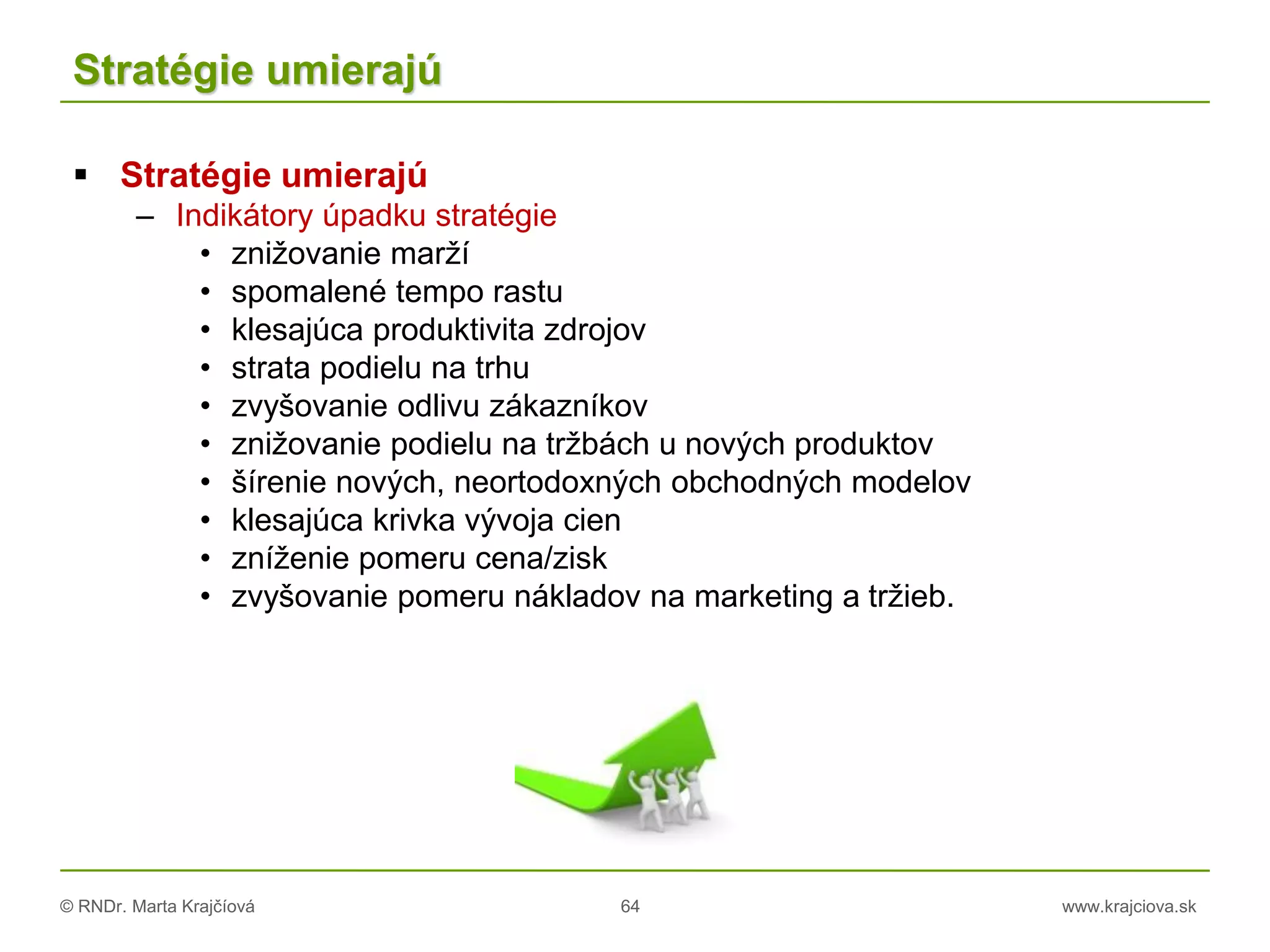 © RNDr. Marta Krajčíová 64 www.krajciova.sk
Stratégie umierajú
 Stratégie umierajú
– Indikátory úpadku stratégie
• znižovanie marží
• spomalené tempo rastu
• klesajúca produktivita zdrojov
• strata podielu na trhu
• zvyšovanie odlivu zákazníkov
• znižovanie podielu na tržbách u nových produktov
• šírenie nových, neortodoxných obchodných modelov
• klesajúca krivka vývoja cien
• zníženie pomeru cena/zisk
• zvyšovanie pomeru nákladov na marketing a tržieb.
 