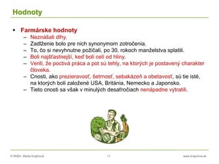 © RNDr. Marta Krajčíová 11 www.krajciova.sk
Hodnoty
 Farmárske hodnoty
– Neznášali dlhy.
– Zadlženie bolo pre nich synonymom zotročenia.
– To, čo si nevyhnutne požičali, po 30. rokoch manželstva splatili.
– Boli najšťastnejší, keď boli celí od hliny.
– Verili, že poctivá práca a pot sú tehly, na ktorých je postavený charakter
človeka.
– Cnosti, ako prezieravosť, šetrnosť, sebakázeň a obetavosť, sú tie isté,
na ktorých boli založené USA, Británia, Nemecko a Japonsko.
– Tieto cnosti sa však v minulých desaťročiach nenápadne vytratili.
 
