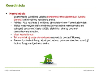 © RNDr. Marta Krajčíová 122 www.krajciova.sk
Koordinácia
 Koordinácia
– Ekonómovia už dávno velebia schopnosť trhu koordinovať ľudskú
činnosť s minimálnou kontrolou zhora.
– Príklad: Ako nakŕmite 8 miliónov obyvateľov New Yorku každý deň.
– Tisíce nezávislých ľudí s možnosťou vlastného rozhodovania sú
schopné dosiahnuť často väčšiu efektivitu, ako by dosiahol
centralizovaný systém.
– Vivat kapitalizmus.
– Trh má však aj svoje obmedzenia-nedokáže postaviť Boeing.
– Preto sú potrebné firmy, ktoré pod jednou právnou strechou združujú
ľudí na fungovaní jedného celku.
 