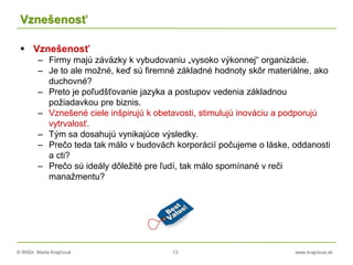© RNDr. Marta Krajčíová 13 www.krajciova.sk
Vznešenosť
 Vznešenosť
– Firmy majú záväzky k vybudovaniu „vysoko výkonnej“ organizácie.
– Je to ale možné, keď sú firemné základné hodnoty skôr materiálne, ako
duchovné?
– Preto je poľudšťovanie jazyka a postupov vedenia základnou
požiadavkou pre biznis.
– Vznešené ciele inšpirujú k obetavosti, stimulujú inováciu a podporujú
vytrvalosť.
– Tým sa dosahujú vynikajúce výsledky.
– Prečo teda tak málo v budovách korporácií počujeme o láske, oddanosti
a cti?
– Prečo sú ideály dôležité pre ľudí, tak málo spomínané v reči
manažmentu?
 