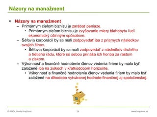 © RNDr. Marta Krajčíová 24 www.krajciova.sk
Názory na manažment
 Názory na manažment
– Primárnym cieľom biznisu je zarábať peniaze.
• Primárnym cieľom biznisu je zvyšovanie miery blahobytu ľudí
ekonomický účinným spôsobom.
– Šéfovia korporácií by sa mali zodpovedať iba z priamych následkov
svojich činov.
• Šéfovia korporácií by sa mali zodpovedať z následkov druhého
a tretieho rádu, ktoré so sebou prináša ich honba za rastom
a ziskom.
– Výkonnosť a finančné hodnotenie členov vedenia firiem by malo byť
založené iba na ziskoch v krátkodobom horizonte.
• Výkonnosť a finančné hodnotenie členov vedenia firiem by malo byť
založené na dlhodobo vytváranej hodnote-finančnej aj spoločenskej.
 