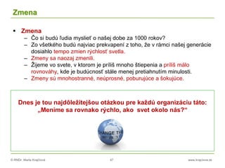 © RNDr. Marta Krajčíová 47 www.krajciova.sk
Zmena
 Zmena
– Čo si budú ľudia myslieť o našej dobe za 1000 rokov?
– Zo všetkého budú najviac prekvapení z toho, že v rámci našej generácie
dosiahlo tempo zmien rýchlosť svetla.
– Zmeny sa naozaj zmenili.
– Žijeme vo svete, v ktorom je príliš mnoho štiepenia a príliš málo
rovnováhy, kde je budúcnosť stále menej pretiahnutím minulosti.
– Zmeny sú mnohostranné, neúprosné, poburujúce a šokujúce.
Dnes je tou najdôležitejšou otázkou pre každú organizáciu táto:
„Meníme sa rovnako rýchlo, ako svet okolo nás?“
 