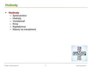 © RNDr. Marta Krajčíová 5 www.krajciova.sk
Hodnoty
 Hodnoty
– Správcovstvo
– Hodnoty
– Vznešenosť
– Kríza
– Kapitalizmus
– Názory na manažment
 