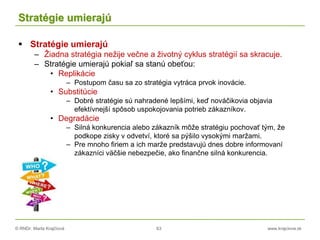 © RNDr. Marta Krajčíová 63 www.krajciova.sk
Stratégie umierajú
 Stratégie umierajú
– Žiadna stratégia nežije večne a životný cyklus stratégií sa skracuje.
– Stratégie umierajú pokiaľ sa stanú obeťou:
• Replikácie
– Postupom času sa zo stratégia vytráca prvok inovácie.
• Substitúcie
– Dobré stratégie sú nahradené lepšími, keď nováčikovia objavia
efektívnejší spôsob uspokojovania potrieb zákazníkov.
• Degradácie
– Silná konkurencia alebo zákazník môže stratégiu pochovať tým, že
podkope zisky v odvetví, ktoré sa pýšilo vysokými maržami.
– Pre mnoho firiem a ich marže predstavujú dnes dobre informovaní
zákazníci väčšie nebezpečie, ako finančne silná konkurencia.
 
