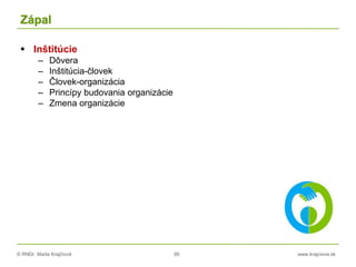 © RNDr. Marta Krajčíová 95 www.krajciova.sk
Zápal
 Inštitúcie
– Dôvera
– Inštitúcia-človek
– Človek-organizácia
– Princípy budovania organizácie
– Zmena organizácie
 