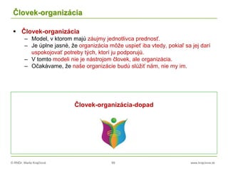 © RNDr. Marta Krajčíová 99 www.krajciova.sk
Človek-organizácia
 Človek-organizácia
– Model, v ktorom majú záujmy jednotlivca prednosť.
– Je úplne jasné, že organizácia môže uspieť iba vtedy, pokiaľ sa jej darí
uspokojovať potreby tých, ktorí ju podporujú.
– V tomto modeli nie je nástrojom človek, ale organizácia.
– Očakávame, že naše organizácie budú slúžiť nám, nie my im.
Človek-organizácia-dopad
 
