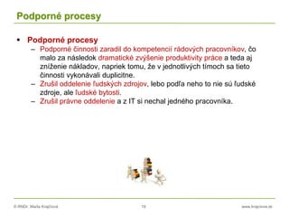 © RNDr. Marta Krajčíová 19 www.krajciova.sk
Podporné procesy
 Podporné procesy
– Podporné činnosti zaradil do kompetencií rádových pracovníkov, čo
malo za následok dramatické zvýšenie produktivity práce a teda aj
zníženie nákladov, napriek tomu, že v jednotlivých tímoch sa tieto
činnosti vykonávali duplicitne.
– Zrušil oddelenie ľudských zdrojov, lebo podľa neho to nie sú ľudské
zdroje, ale ľudské bytosti.
– Zrušil právne oddelenie a z IT si nechal jedného pracovníka.
 
