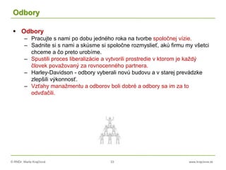 © RNDr. Marta Krajčíová 33 www.krajciova.sk
Odbory
 Odbory
– Pracujte s nami po dobu jedného roka na tvorbe spoločnej vízie.
– Sadnite si s nami a skúsme si spoločne rozmyslieť, akú firmu my všetci
chceme a čo preto urobíme.
– Spustili proces liberalizácie a vytvorili prostredie v ktorom je každý
človek považovaný za rovnocenného partnera.
– Harley-Davidson - odbory vyberali novú budovu a v starej prevádzke
zlepšili výkonnosť.
– Vzťahy manažmentu a odborov boli dobré a odbory sa im za to
odvďačili.
 