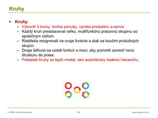 © RNDr. Marta Krajčíová 36 www.krajciova.sk
Kruhy
 Kruhy
– Vytvorili 3 kruhy: tvorba ponuky, výroba produktov a servis.
– Každý kruh predstavoval veľkú, multifunkčnú pracovnú skupinu so
spoločným cieľom.
– Riaditelia rezignovali na svoje funkcie a stali sa koučmi príslušných
skupín.
– Dvaja šéfovia sa vzdali funkcií a moci, aby pomohli zaviesť novú
štruktúru do praxe.
– Pokladali kruhy za lepší model, ako autoritársky riadenú hierarchiu.
 