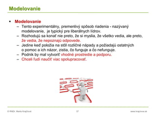 © RNDr. Marta Krajčíová 37 www.krajciova.sk
Modelovanie
 Modelovanie
– Tento experimentálny, premenlivý spôsob riadenia - nazývaný
modelovanie, je typický pre liberálnych lídrov.
– Rozhodujú sa konať nie preto, že si myslia, že všetko vedia, ale preto,
že vedia, že nepoznajú odpovede.
– Jedine keď položia na stôl rozličné nápady a požiadajú ostatných
o pomoc a ich názor, zistia, čo funguje a čo nefunguje.
– Podnik by mal vytvoriť vhodné prostredie a podporu.
– Chceli ľudí naučiť viac spolupracovať.
 