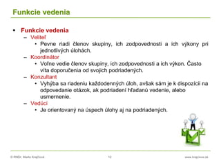 © RNDr. Marta Krajčíová 12 www.krajciova.sk
Funkcie vedenia
 Funkcie vedenia
– Veliteľ
• Pevne riadi členov skupiny, ich zodpovednosti a ich výkony pri
jednotlivých úlohách.
– Koordinátor
• Voľne vedie členov skupiny, ich zodpovednosti a ich výkon. Často
víta doporučenia od svojich podriadených.
– Konzultant
• Vyhýba sa riadeniu každodenných úloh, avšak sám je k dispozícii na
odpovedanie otázok, ak podriadení hľadanú vedenie, alebo
usmernenie.
– Vedúci
• Je orientovaný na úspech úlohy aj na podriadených.
 