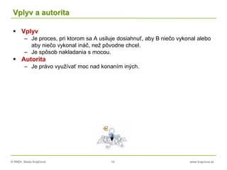 © RNDr. Marta Krajčíová 14 www.krajciova.sk
Vplyv a autorita
 Vplyv
– Je proces, pri ktorom sa A usiluje dosiahnuť, aby B niečo vykonal alebo
aby niečo vykonal ináč, než pôvodne chcel.
– Je spôsob nakladania s mocou.
 Autorita
– Je právo využívať moc nad konaním iných.
 
