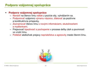 © RNDr. Marta Krajčíová 25 www.krajciova.sk
Podpora vzájomnej spolupráce
 Podpora vzájomnej spolupráce
– Nerobiť na členov tímu nátlak z pozície sily, vyhrážaním sa.
– Podporovať vzájomnú výmenu názorov, ďakovať za pozitívne
a konštruktívne príspevky.
– Zoznamovať členov tímu s novými informáciami, skutočnosťami
a myšlienkami.
– Prejavovať trpezlivosť a pochopenie v procese deľby úloh a povinností
vo vnútri tímu.
– Potláčať akékoľvek prejavy nepriateľstva a agresivity medzi členmi tímu.
 