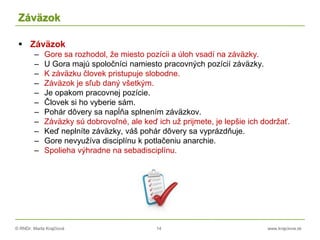 © RNDr. Marta Krajčíová 14 www.krajciova.sk
Záväzok
 Záväzok
– Gore sa rozhodol, že miesto pozícii a úloh vsadí na záväzky.
– U Gora majú spoločníci namiesto pracovných pozícií záväzky.
– K záväzku človek pristupuje slobodne.
– Záväzok je sľub daný všetkým.
– Je opakom pracovnej pozície.
– Človek si ho vyberie sám.
– Pohár dôvery sa napĺňa splnením záväzkov.
– Záväzky sú dobrovoľné, ale keď ich už prijmete, je lepšie ich dodržať.
– Keď neplníte záväzky, váš pohár dôvery sa vyprázdňuje.
– Gore nevyužíva disciplínu k potlačeniu anarchie.
– Spolieha výhradne na sebadisciplínu.
 