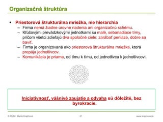 © RNDr. Marta Krajčíová 21 www.krajciova.sk
Organizačná štruktúra
 Priestorová štrukturálna mriežka, nie hierarchia
– Firma nemá žiadne úrovne riadenia ani organizačnú schému.
– Kľúčovými prevádzkovými jednotkami sú malé, sebariadiace tímy,
pričom všetci zdieľajú dva spoločné ciele: zarábať peniaze, dobre sa
baviť.
– Firma je organizovaná ako priestorová štrukturálna mriežka, ktorá
prepája jednotlivcov.
– Komunikácia je priama, od tímu k tímu, od jednotlivca k jednotlivcovi.
Iniciatívnosť, vášnivé zaujatie a odvaha sú dôležité, bez
byrokracie.
 