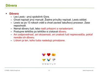 © RNDr. Marta Krajčíová 31 www.krajciova.sk
Dôvera
 Dôvera
– Les Lewis - prvý spoločník Gora.
– Chcel napísať prvý manuál. Žiadne príručky nepísali. Lewis odišiel.
– Lewis sa po 13 rokoch vrátil a chcel zaviesť tabuľkový procesor. Zase
nepochodil.
– Nemal dôveru ľudí, lebo riadil príkazmi a nariadeniami.
– Postupne tehlička po tehličke si získaval dôveru.
– Ani zodpovednosť, ani skúsenosti, ani znalosti ľudí nepresvedčia, pokiaľ
nemáte ich dôveru.
– Lídrom je ten, koho ľudia nasledujú prirodzene.
 