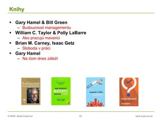 © RNDr. Marta Krajčíová 54 www.krajciova.sk
Knihy
 Gary Hamel & Bill Green
– Budoucnost managementu
 William C. Taylor & Polly LaBarre
– Ako pracujú maverici
 Brian M. Carney, Isaac Getz
– Sloboda v práci
 Gary Hamel
– Na čom dnes záleží
 
