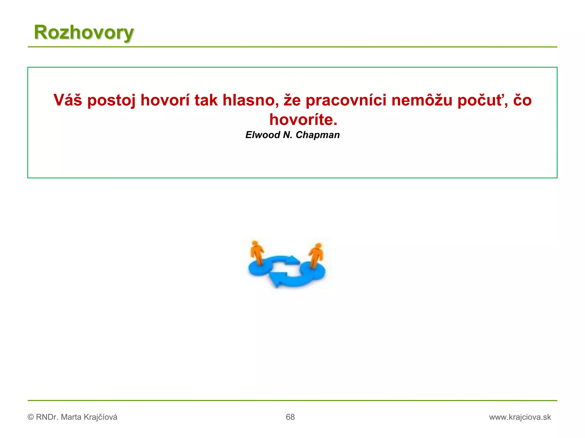 © RNDr. Marta Krajčíová 68 www.krajciova.sk
Rozhovory
Váš postoj hovorí tak hlasno, že pracovníci nemôžu počuť, čo
hovoríte.
Elwood N. Chapman
 