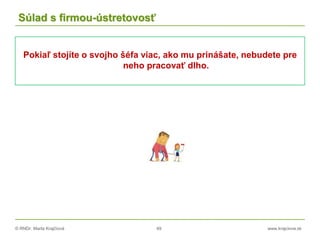 © RNDr. Marta Krajčíová 49 www.krajciova.sk
Súlad s firmou-ústretovosť
Pokiaľ stojíte o svojho šéfa viac, ako mu prinášate, nebudete pre
neho pracovať dlho.
 