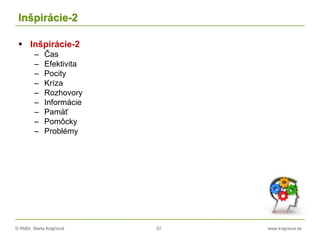 © RNDr. Marta Krajčíová 57 www.krajciova.sk
Inšpirácie-2
 Inšpirácie-2
– Čas
– Efektivita
– Pocity
– Kríza
– Rozhovory
– Informácie
– Pamäť
– Pomôcky
– Problémy
 