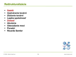 © RNDr. Marta Krajčíová 109 www.krajciova.sk
Reštrukturalizácia
 Satelit
 Uzatváranie tovární
 Zlúčenie tovární
 Lepšia spoločnosť
 Zrelosť
 Akvizície
 Odovzdanie moci
 Poradci
 Ricardo Semler
 