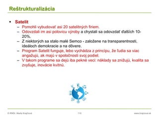 © RNDr. Marta Krajčíová 110 www.krajciova.sk
Reštrukturalizácia
 Satelit
– Pomohli vybudovať asi 20 satelitných firiem.
– Odovzdali im asi polovicu výroby a chystali sa odovzdať ďalších 10-
20%.
– Z niektorých sa stalo malé Semco - založene na transparentnosti,
ideáloch demokracie a na dôvere.
– Program Satelit funguje, lebo vychádza z princípu, že ľudia sa viac
angažujú, ak majú v spoločnosti svoj podiel.
– V takom programe sa dejú iba pekné veci: náklady sa znižujú, kvalita sa
zvyšuje, inovácie kvitnú.
 
