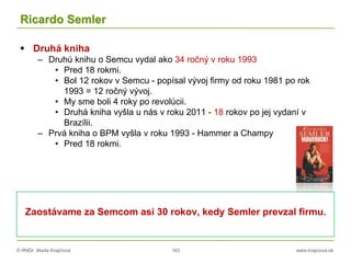 © RNDr. Marta Krajčíová 163 www.krajciova.sk
Ricardo Semler
 Druhá kniha
– Druhú knihu o Semcu vydal ako 34 ročný v roku 1993
• Pred 18 rokmi.
• Bol 12 rokov v Semcu - popísal vývoj firmy od roku 1981 po rok
1993 = 12 ročný vývoj.
• My sme boli 4 roky po revolúcii.
• Druhá kniha vyšla u nás v roku 2011 - 18 rokov po jej vydaní v
Brazílii.
– Prvá kniha o BPM vyšla v roku 1993 - Hammer a Champy
• Pred 18 rokmi.
Zaostávame za Semcom asi 30 rokov, kedy Semler prevzal firmu.
 