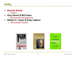 © RNDr. Marta Krajčíová 164 www.krajciova.sk
Knihy
 Ricardo Semler
– Podivín
 Gary Hamel & Bill Green
– Budoucnost managementu
 William C. Taylor & Polly LaBarre
– Ako pracujú maverici
 