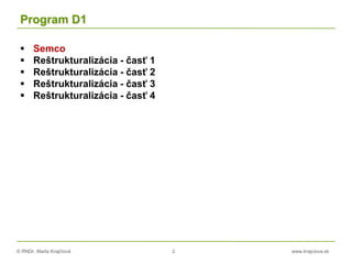© RNDr. Marta Krajčíová 2 www.krajciova.sk
Program D1
 Semco
 Reštrukturalizácia - časť 1
 Reštrukturalizácia - časť 2
 Reštrukturalizácia - časť 3
 Reštrukturalizácia - časť 4
 