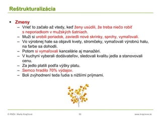 © RNDr. Marta Krajčíová 30 www.krajciova.sk
Reštrukturalizácia
 Zmeny
– Vrieť to začalo až vtedy, keď ženy usúdili, že treba niečo robiť
s neporiadkom v mužských šatniach.
– Muži si urobili poriadok, zaviedli nové skrinky, sprchy, vymaľovali.
– Vo výrobnej hale sa objavili kvety, stromčeky, vymaľovali výrobnú halu,
na farbe sa dohodli.
– Potom si vymaľovali kancelárie aj manažéri.
– V kuchyni vyberali dodávateľov, sledovali kvalitu jedla a stanovovali
cenu.
– Za jedlo platili podľa výšky platu.
– Semco hradilo 70% výdajov.
– Boli zvýhodnení teda ľudia s nižšími príjmami.
 