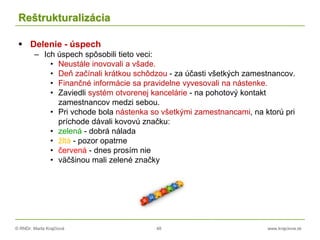 © RNDr. Marta Krajčíová 48 www.krajciova.sk
Reštrukturalizácia
 Delenie - úspech
– Ich úspech spôsobili tieto veci:
• Neustále inovovali a všade.
• Deň začínali krátkou schôdzou - za účasti všetkých zamestnancov.
• Finančné informácie sa pravidelne vyvesovali na nástenke.
• Zaviedli systém otvorenej kancelárie - na pohotový kontakt
zamestnancov medzi sebou.
• Pri vchode bola nástenka so všetkými zamestnancami, na ktorú pri
príchode dávali kovovú značku:
• zelená - dobrá nálada
• žltá - pozor opatrne
• červená - dnes prosím nie
• väčšinou mali zelené značky
 