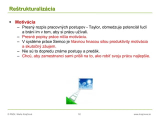 © RNDr. Marta Krajčíová 52 www.krajciova.sk
Reštrukturalizácia
 Motivácia
– Presný rozpis pracovných postupov - Taylor, obmedzuje potenciál ľudí
a bráni im v tom, aby si prácu užívali.
– Presné popisy práce ničia motiváciu.
– V systéme práce Semco je hlavnou hnacou silou produktivity motivácia
a skutočný záujem.
– Nie sú to dopredu známe postupy a predák.
– Chcú, aby zamestnanci sami prišli na to, ako robiť svoju prácu najlepšie.
 