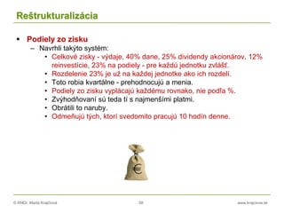 © RNDr. Marta Krajčíová 58 www.krajciova.sk
Reštrukturalizácia
 Podiely zo zisku
– Navrhli takýto systém:
• Celkové zisky - výdaje, 40% dane, 25% dividendy akcionárov, 12%
reinvestície, 23% na podiely - pre každú jednotku zvlášť.
• Rozdelenie 23% je už na každej jednotke ako ich rozdelí.
• Toto robia kvartálne - prehodnocujú a menia.
• Podiely zo zisku vyplácajú každému rovnako, nie podľa %.
• Zvýhodňovaní sú teda tí s najmenšími platmi.
• Obrátili to naruby.
• Odmeňujú tých, ktorí svedomito pracujú 10 hodín denne.
 