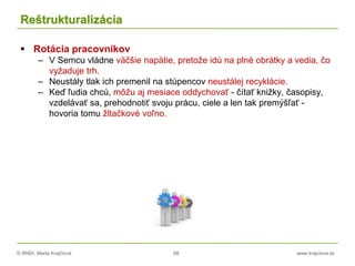 © RNDr. Marta Krajčíová 68 www.krajciova.sk
Reštrukturalizácia
 Rotácia pracovníkov
– V Semcu vládne väčšie napätie, pretože idú na plné obrátky a vedia, čo
vyžaduje trh.
– Neustály tlak ich premenil na stúpencov neustálej recyklácie.
– Keď ľudia chcú, môžu aj mesiace oddychovať - čítať knižky, časopisy,
vzdelávať sa, prehodnotiť svoju prácu, ciele a len tak premýšľať -
hovoria tomu žltačkové voľno.
 