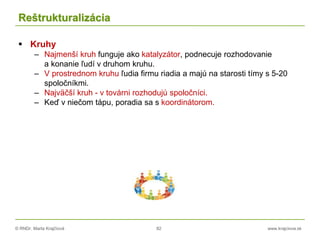 © RNDr. Marta Krajčíová 82 www.krajciova.sk
Reštrukturalizácia
 Kruhy
– Najmenší kruh funguje ako katalyzátor, podnecuje rozhodovanie
a konanie ľudí v druhom kruhu.
– V prostrednom kruhu ľudia firmu riadia a majú na starosti tímy s 5-20
spoločníkmi.
– Najväčší kruh - v továrni rozhodujú spoločníci.
– Keď v niečom tápu, poradia sa s koordinátorom.
 