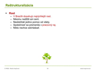 © RNDr. Marta Krajčíová 93 www.krajciova.sk
Reštrukturalizácia
 Rast
– V Brazílii dosahujú najrýchlejší rast.
– Nikomu nedĺžili ani cent.
– Neobdržali jedinú pomoc od vlády.
– Spoločnosť sa premenila v pracovný raj.
– Nikto nechce odchádzať.
 
