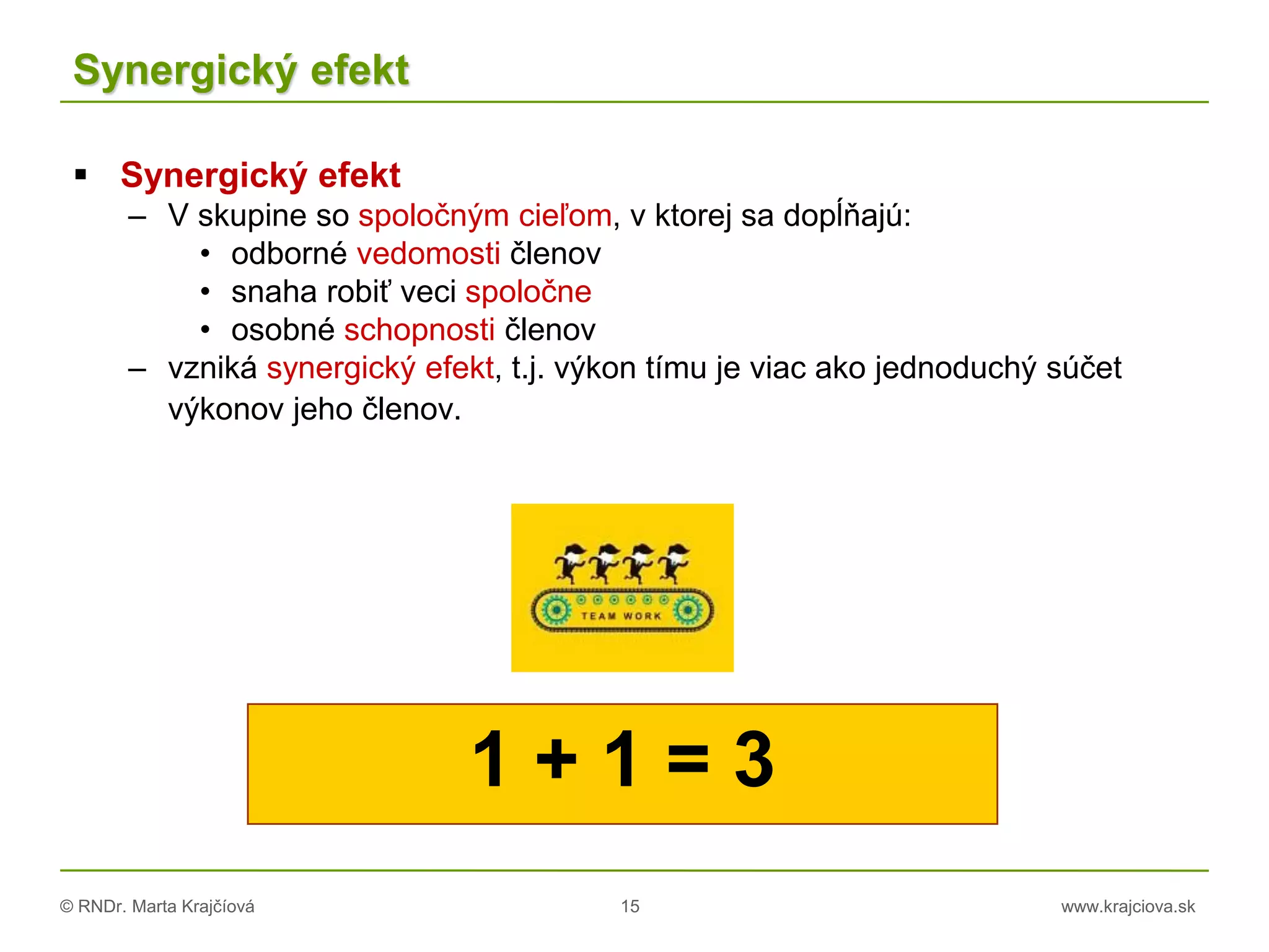 © RNDr. Marta Krajčíová 15 www.krajciova.sk
Synergický efekt
 Synergický efekt
– V skupine so spoločným cieľom, v ktorej sa dopĺňajú:
• odborné vedomosti členov
• snaha robiť veci spoločne
• osobné schopnosti členov
– vzniká synergický efekt, t.j. výkon tímu je viac ako jednoduchý súčet
výkonov jeho členov.
1 + 1 = 3
 