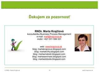 © RNDr. Marta Krajčíová 19 www.krajciova.sk
RNDr. Marta Krajčíová
RNDr. Marta Krajčíová
konzultantka Business Process Management
e-mail: mail@krajciova.sk
mobil: +421 911 556 331
web: www.krajciova.sk
blog: martakrajciova.blogspot.com
blog: martaknihy.blogspot.com
blog: martaznalosti.blogspot.com
blog: martaseminare.blogspot.com
blog: martasloboda.blogspot.com
Ďakujem za pozornosť
 