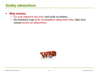 © RNDr. Marta Krajčíová 32 www.krajciova.sk
Služby zákazníkom
 Web stránka
– Čo uvidí zákazník ako prvé, keď príde na stránku.
– Na stránkach majú číslo na bezplatnú zákaznícku linku, lebo chcú
naozaj hovoriť so zákazníkom.
 