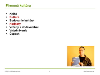 © RNDr. Marta Krajčíová 37 www.krajciova.sk
Firemná kultúra
 Kniha
 Kultúra
 Budovanie kultúry
 Hodnoty
 Vzťahy s dodávateľmi
 Vyjednávanie
 Úspech
 