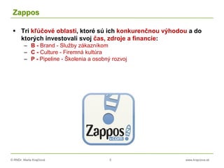 © RNDr. Marta Krajčíová 5 www.krajciova.sk
Zappos
 Tri kľúčové oblasti, ktoré sú ich konkurenčnou výhodou a do
ktorých investovali svoj čas, zdroje a financie:
– B - Brand - Služby zákazníkom
– C - Culture - Firemná kultúra
– P - Pipeline - Školenia a osobný rozvoj
 