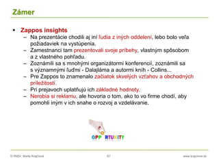 © RNDr. Marta Krajčíová 67 www.krajciova.sk
Zámer
 Zappos insights
– Na prezentácie chodili aj iní ľudia z iných oddelení, lebo bolo veľa
požiadaviek na vystúpenia.
– Zamestnanci tam prezentovali svoje príbehy, vlastným spôsobom
a z vlastného pohľadu.
– Zoznámili sa s mnohými organizátormi konferencií, zoznámili sa
s významnými ľuďmi - Dalajláma a autormi kníh - Collins...
– Pre Zappos to znamenalo začiatok skvelých vzťahov a obchodných
príležitostí.
– Pri prejavoch uplatňujú ich základné hodnoty.
– Nerobia si reklamu, ale hovoria o tom, ako to vo firme chodí, aby
pomohli iným v ich snahe o rozvoj a vzdelávanie.
 