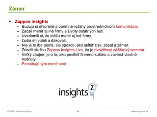 © RNDr. Marta Krajčíová 68 www.krajciova.sk
Zámer
 Zappos insights
– Budujú si otvorené a úprimné vzťahy prostredníctvom komunikácie.
– Začali meniť aj iné firmy a životy ostatných ľudí.
– Uvedomili si, že môžu meniť aj iné firmy.
– Ľudia im volali a ďakovali.
– Nie je to iba teória, ale spôsob, ako skĺbiť zisk, zápal a zámer.
– Zriadili službu Zappos Insights Live, čo je dvojdňový zážitkový seminár.
– Veľký záujem je o to, ako posilniť firemnú kultúru a zaviesť vlastné
hodnoty.
– Pomáhajú tým meniť svet.
 