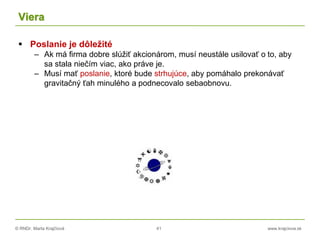 © RNDr. Marta Krajčíová 41 www.krajciova.sk
Viera
 Poslanie je dôležité
– Ak má firma dobre slúžiť akcionárom, musí neustále usilovať o to, aby
sa stala niečím viac, ako práve je.
– Musí mať poslanie, ktoré bude strhujúce, aby pomáhalo prekonávať
gravitačný ťah minulého a podnecovalo sebaobnovu.
 