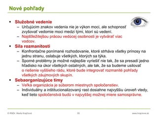 © RNDr. Marta Krajčíová 55 www.krajciova.sk
Nové pohľady
 Služobné vedenie
– Určujúcim znakov vedenia nie je výkon moci, ale schopnosť
zvyšovať vedomie moci medzi tými, ktorí sú vedení.
– Najdôležitejšou prácou vedúcej osobnosti je vytvárať viac
vodcov.
 Sila rozmanitosti
– Konfrontačne ponímané rozhodovanie, ktoré strháva všetky prínosy na
jednu stranu, oslabuje všetkých, ktorých sa týka.
– Sporné problémy je možné najlepšie vyriešiť nie tak, že sa presadí jedno
hľadisko na úkor všetkých ostatných, ale tak, že sa budeme usilovať
o riešenie vyššieho rádu, ktoré bude integrovať rozmanité pohľady
všetkých záujmových skupín.
 Sebaorganizujúce tímy
– Veľká organizácia je súborom miestnych spoločenstiev.
– Individuálny a inštitucionalizovaný rast dosiahne najvyššiu úroveň vtedy,
keď tieto spoločenstvá budú v najvyššej možnej miere samosprávne.
 