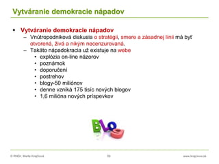 © RNDr. Marta Krajčíová 59 www.krajciova.sk
Vytváranie demokracie nápadov
 Vytváranie demokracie nápadov
– Vnútropodniková diskusia o stratégii, smere a zásadnej línii má byť
otvorená, živá a nikým necenzurovaná.
– Takáto nápadokracia už existuje na webe
• explózia on-line názorov
• poznámok
• doporučení
• postrehov
• blogy-50 miliónov
• denne vzniká 175 tisíc nových blogov
• 1,6 milióna nových príspevkov
 