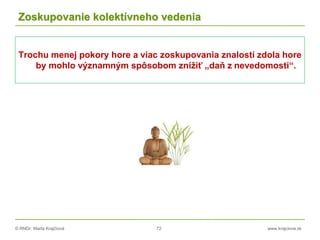 © RNDr. Marta Krajčíová 72 www.krajciova.sk
Zoskupovanie kolektívneho vedenia
Trochu menej pokory hore a viac zoskupovania znalostí zdola hore
by mohlo významným spôsobom znížiť „daň z nevedomosti“.
 
